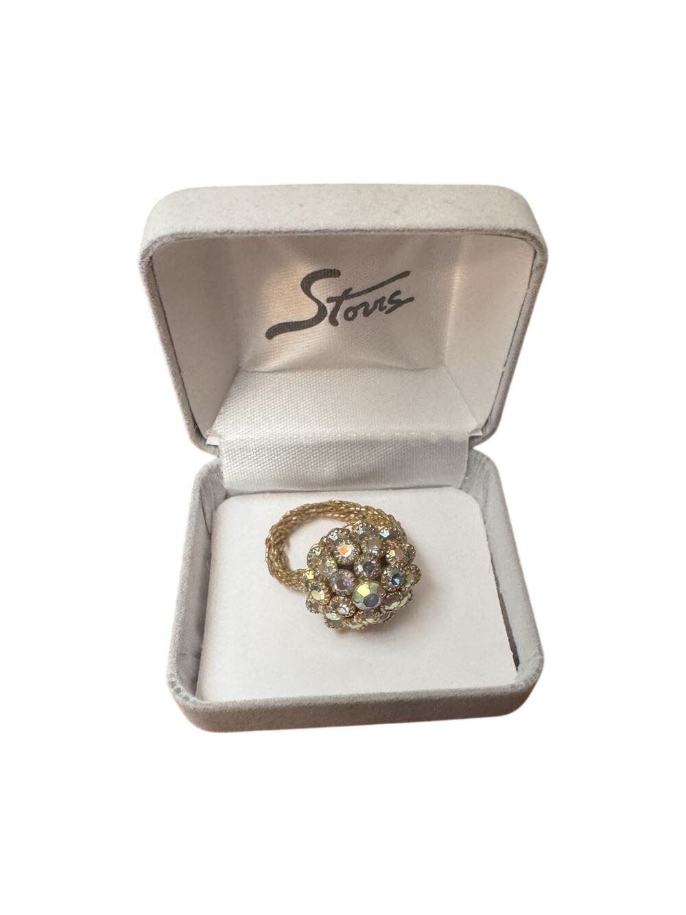 RARE 1960 Gold Tone Round Crystal Cluster Cocktail Ring fits all sizes